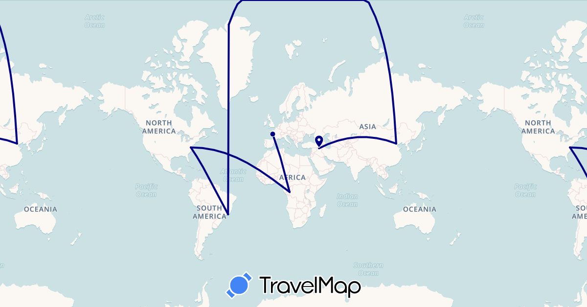 TravelMap itinerary: driving in Brazil, Republic of the Congo, China, France, Greenland, Iraq, United States (Africa, Asia, Europe, North America, South America)